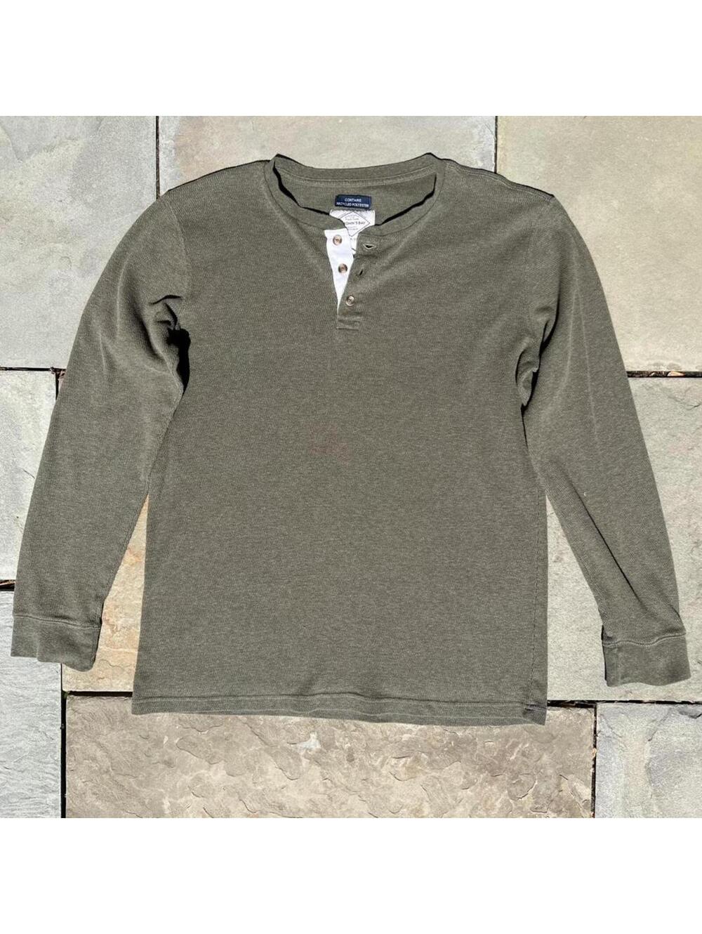 Olive Green Contrast Placket Waffle Knit Thermal Henley